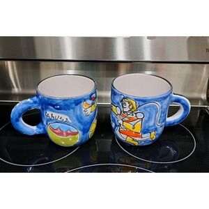 Pair La Musa Pottery Signed Italy Mugs Picasso Desimone Style 16 Oz Sicilian